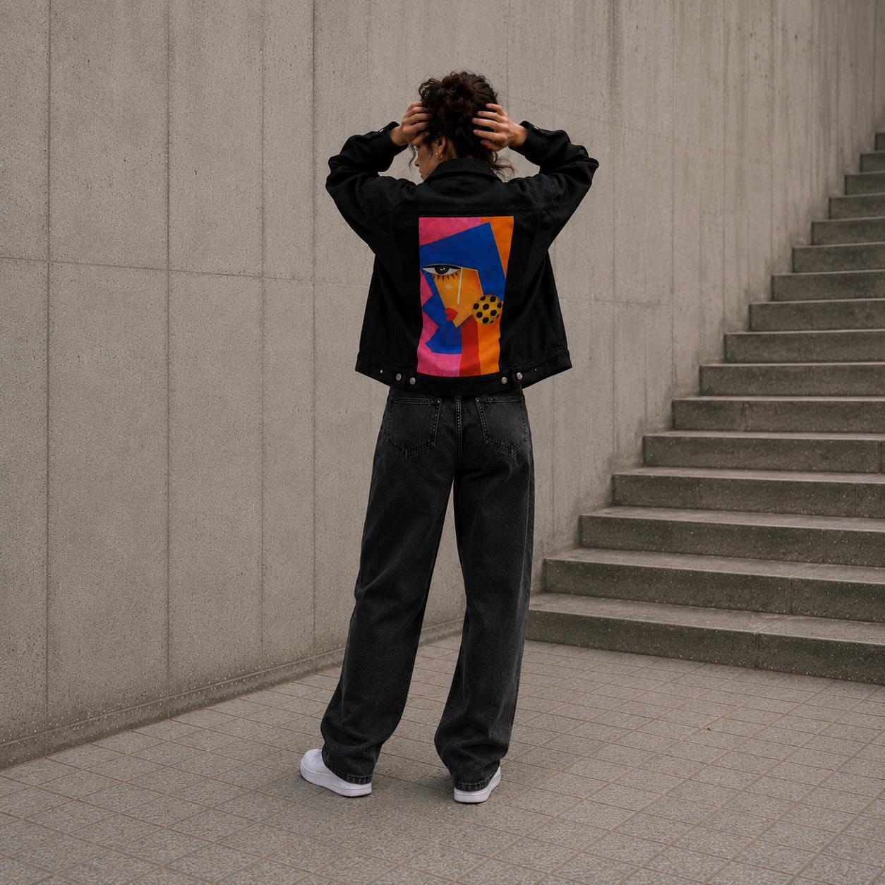 Woman in a black YAGI denim jacket with a colorful art panel on the back, standing at a concrete wall next to stairs